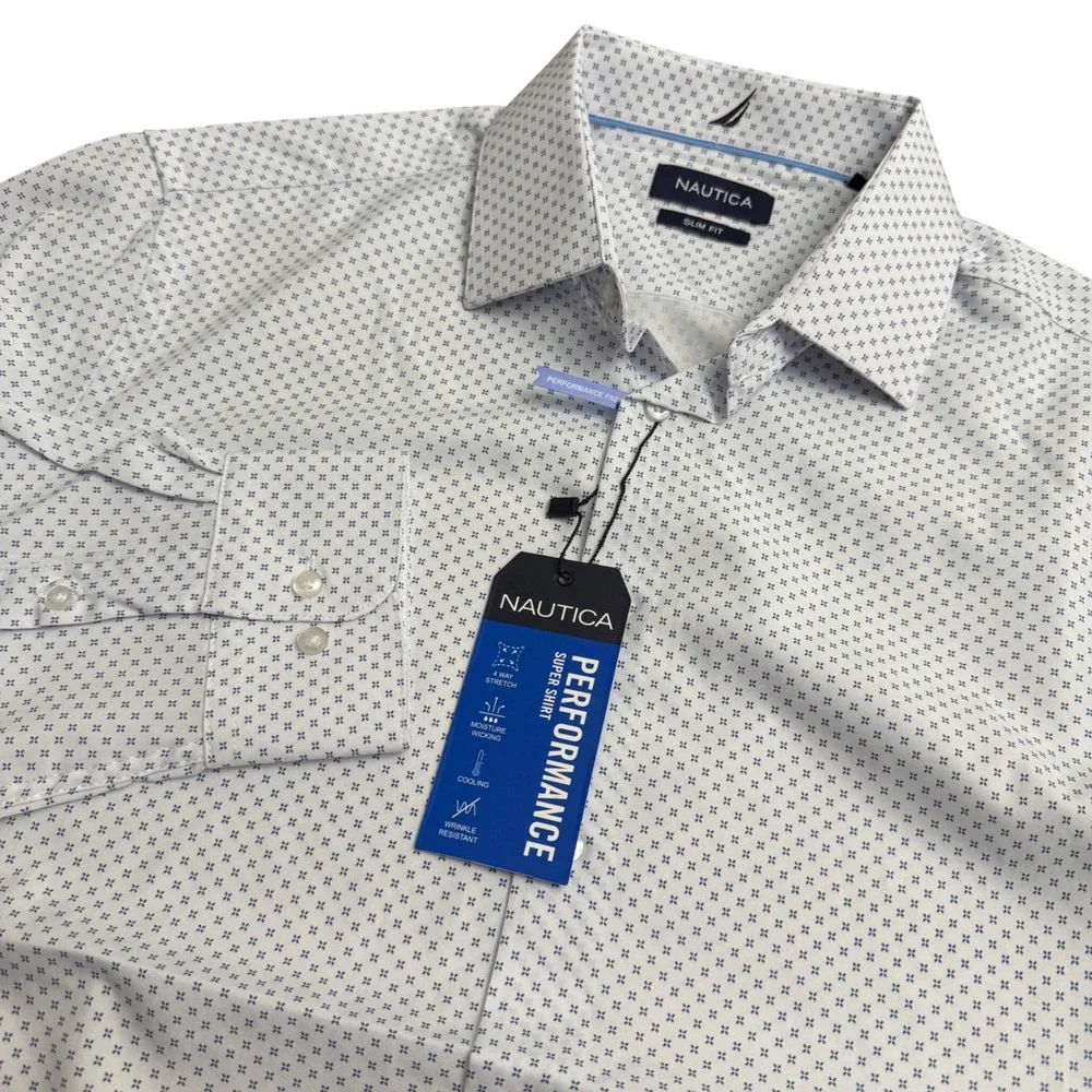 nautica performance dress shirt Men's Wrinkle Free Slim-Fit The slim fit style is tailored to fit close to the body Nautica N17922 Men's Saltwater Stretch